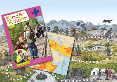 Titelseite des Heftes Kinder, Kinder 28 sowie zwei Doppelseiten aus dem Heft. (Quelle: Peter Laux)