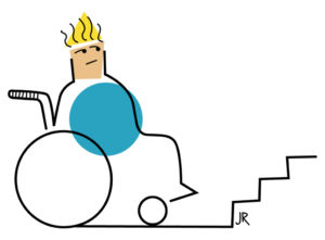 Zeichnung von einem Kind im Rollstuhl vor Treppenstufen. (Quelle: Jan Robert Dünnweller)