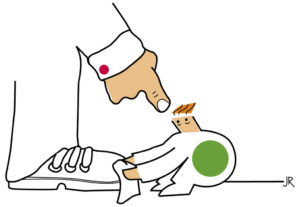 Zeichnung von einem Kind, das einem riesengroßen Mann die Schuhe putzt. (Quelle: Jan Robert Dünnweller)