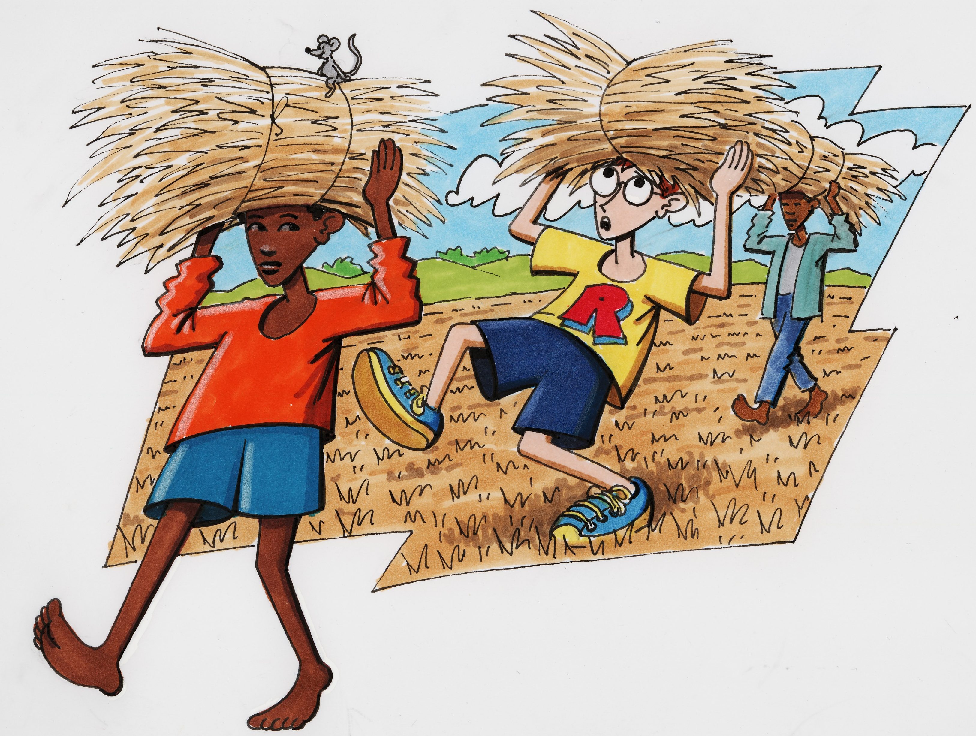 Robinson, ein äthiopischer Junge und ein Bauer tragen Getreideballen auf dem Kopf. (Quelle: Peter Laux)
