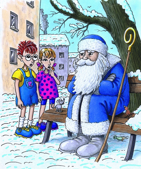 Robinson und Tina treffen Väterchen Frost, der traurig auf einer Bank sitzt. (Quelle: Peter Laux)