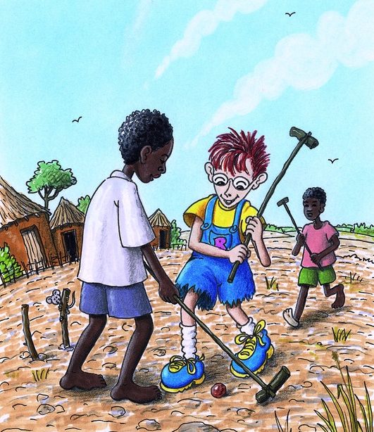 Robinson spielt mit einem äthiopischen Jungen eine Art Hockey. (Quelle: Peter Laux)